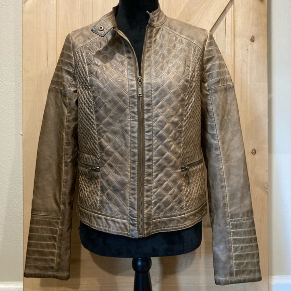 Jou Jou Women's Brown Quilted Faux Leather Moto Jacket Grunge Distressed Large - Picture 3 of 16